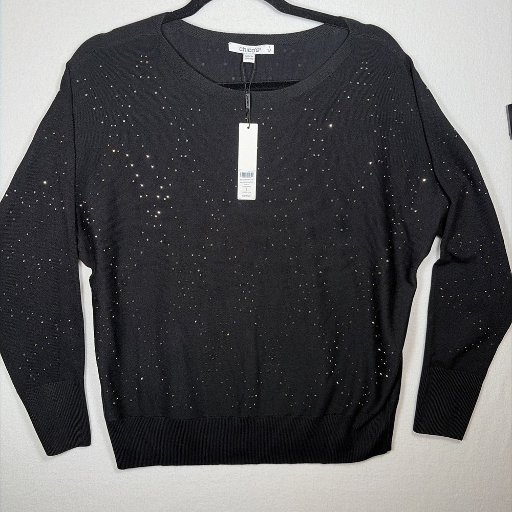 CHICO'S  Black Embellished/Sparkle/Elegant Lightweight sweater Sz1/Medium/NWT